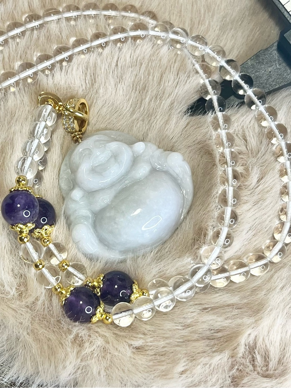 22+ inch Amethyst Clear Quartz Necklace & White Jade Buddha Pendant 1.5×1.4 inch